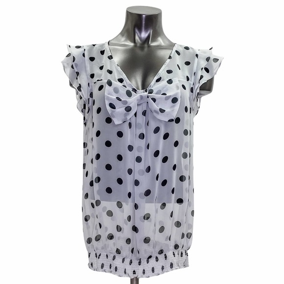 Unbranded Tops - WHITE Black Polka Dot Sleeveless Smocked Blouse